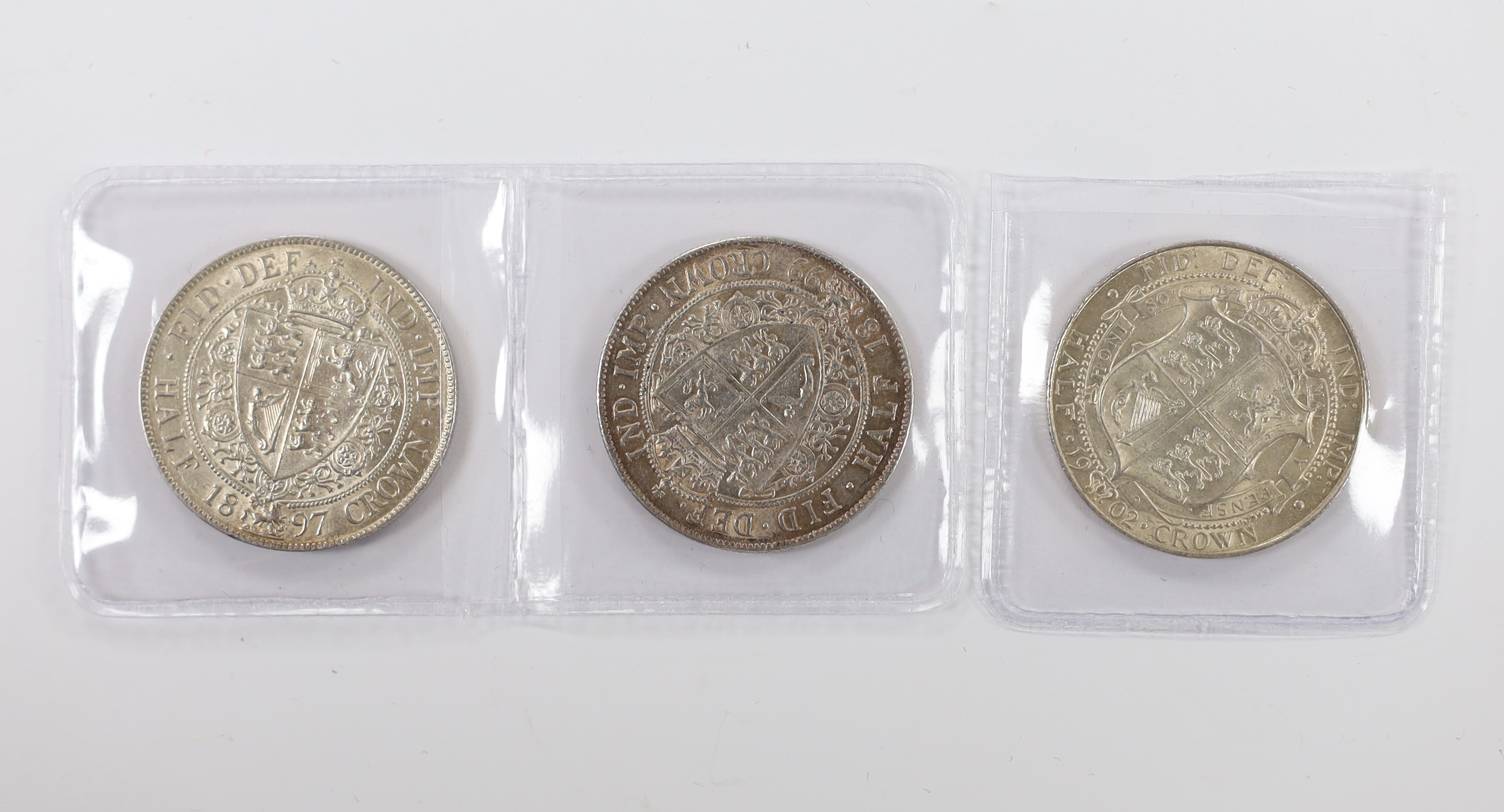 British silver coins, three Edward VII halfcrowns, 1902 good EF, 1899 good VF & 1897 good EF.